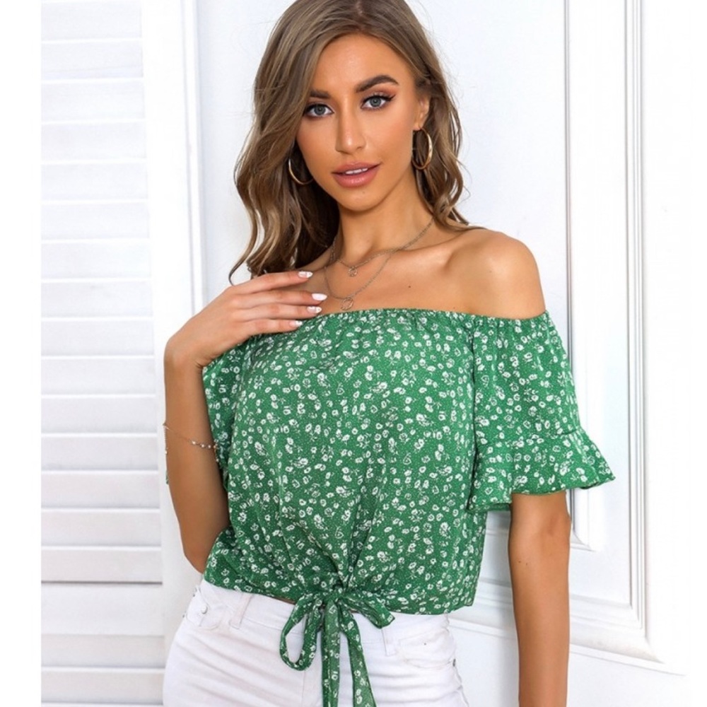 Green floral off the shoulder blouse